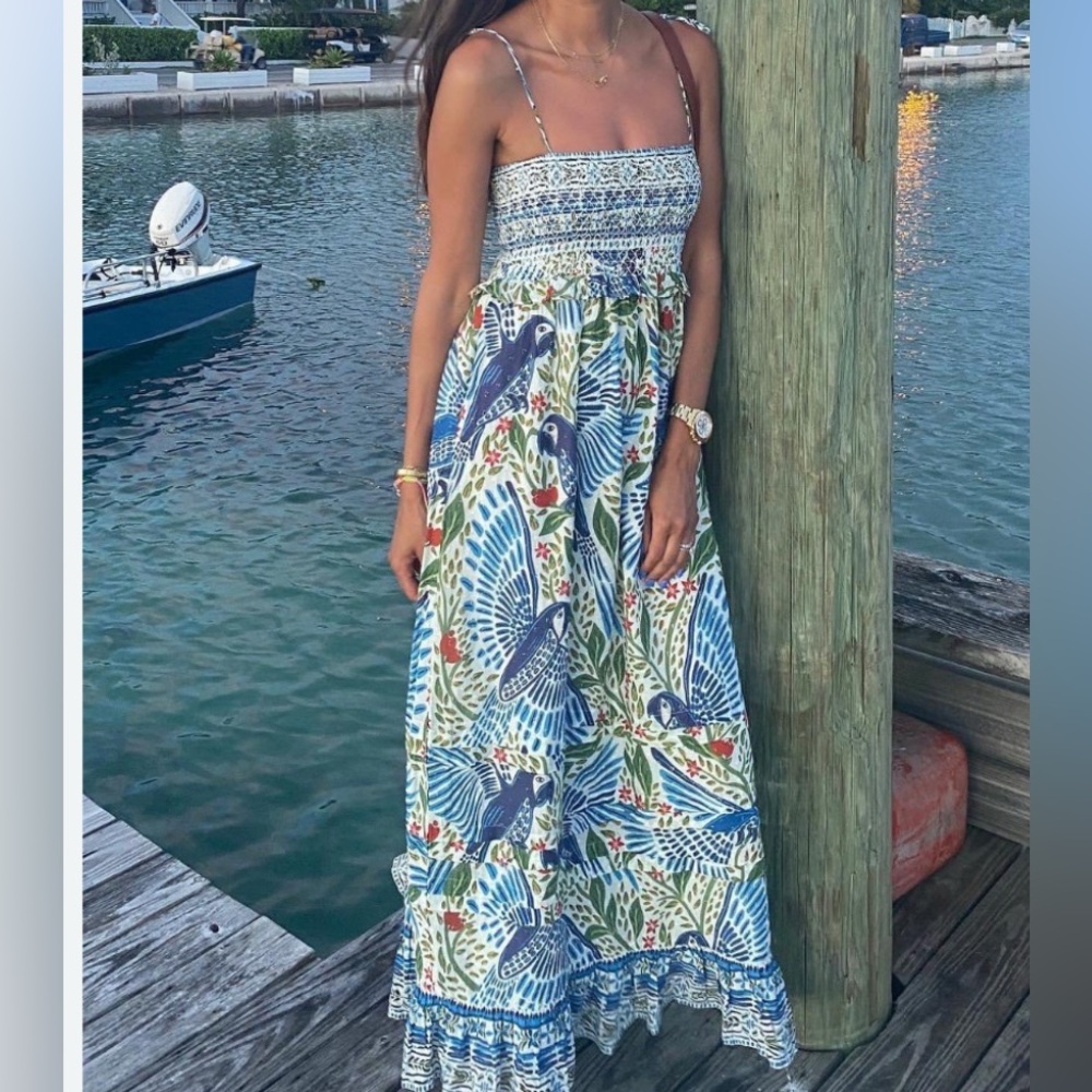 Farm Rio McCaw Flight Smocked Maxi Dress Sz S - Picture 2 of 9